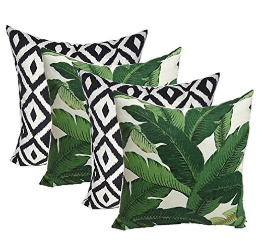 RSH Décor Indoor Outdoor Set of 4 Square Pillows Weather Resistant 20" x 20" Made with Tommy Bahama Swaying Palms Aloe Green Tropical Palm Leaf Fabric & Black White Aztec Geometric