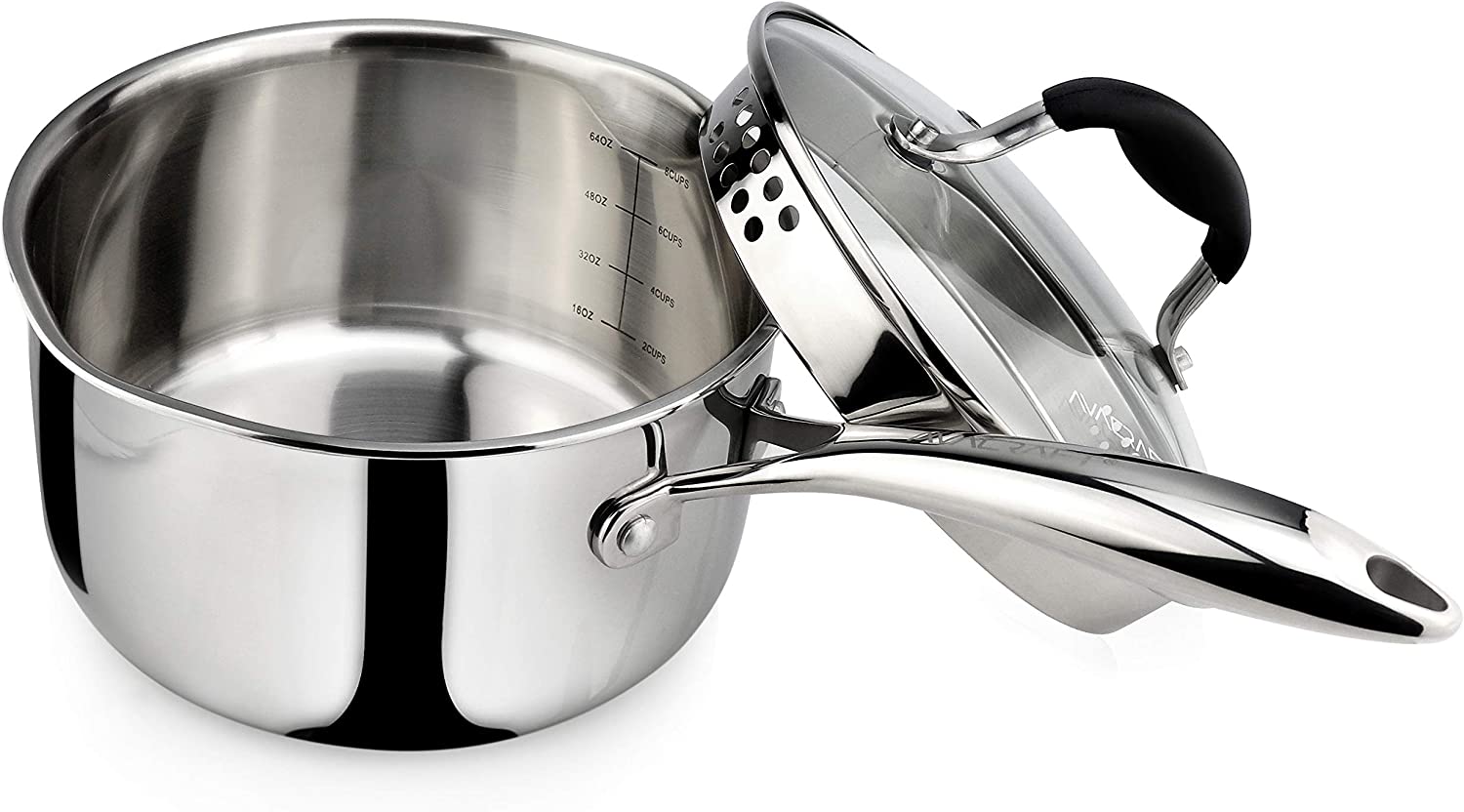 AVACRAFT Tri-Ply Stainless Steel Saucepan with Glass Strainer Lid， Two Side Spouts， Ergonomic Handle， Multipurpose Sauce Pan with Lid， Sauce Pot， Cooking Pot (Tri-Ply Full Body， 2.5 Quart)