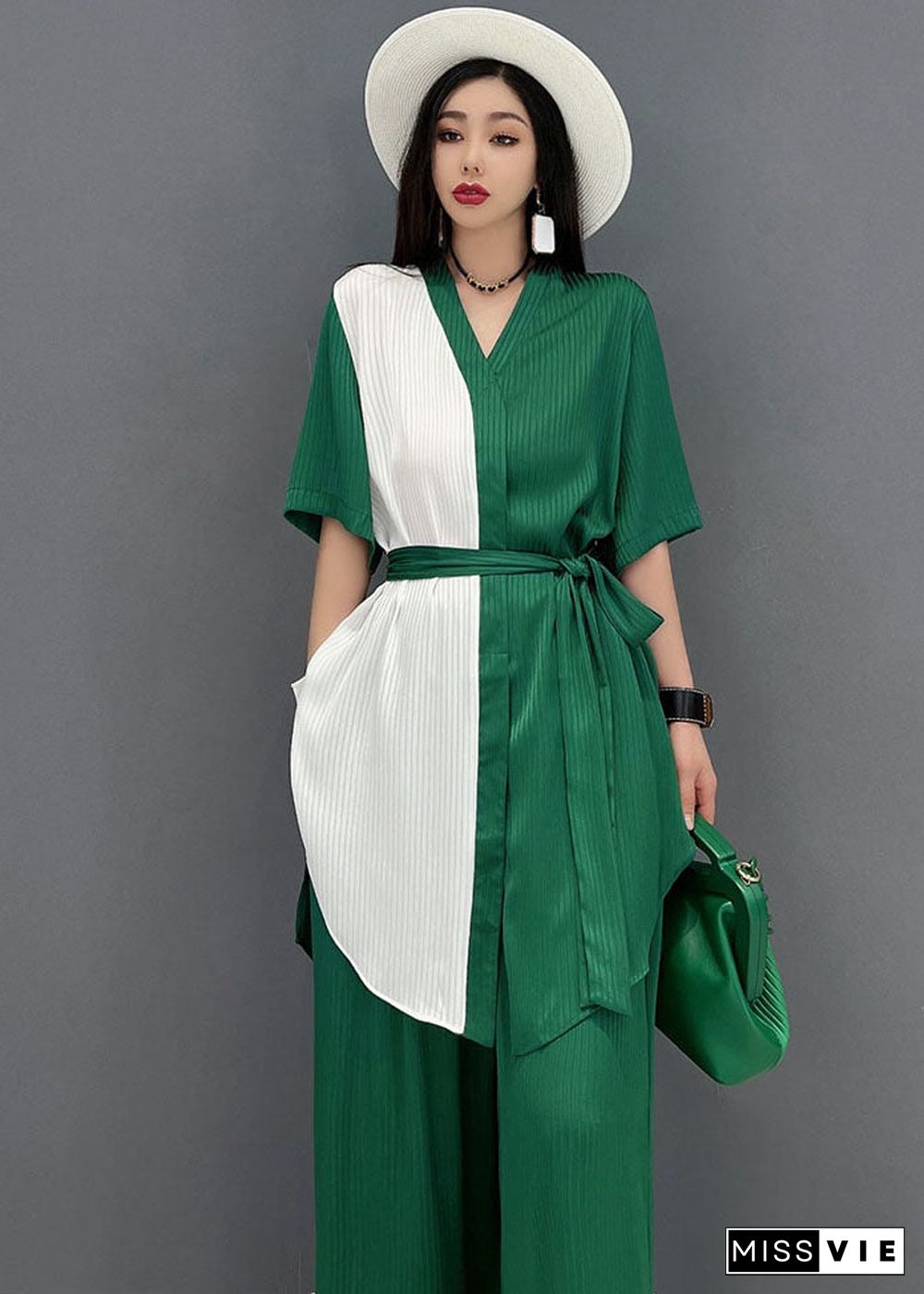 Green Patchwork Chiffon Tops And Wide Leg Pants Two Pieces Set V Neck Tie Waist Summer