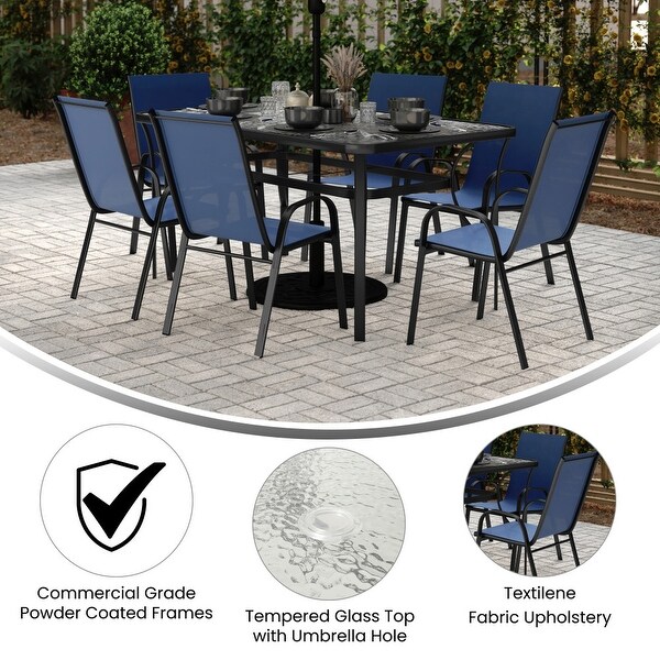 Commercial 7 Pc Outdoor Patio Dining Set with Glass Table and 6 Chairs