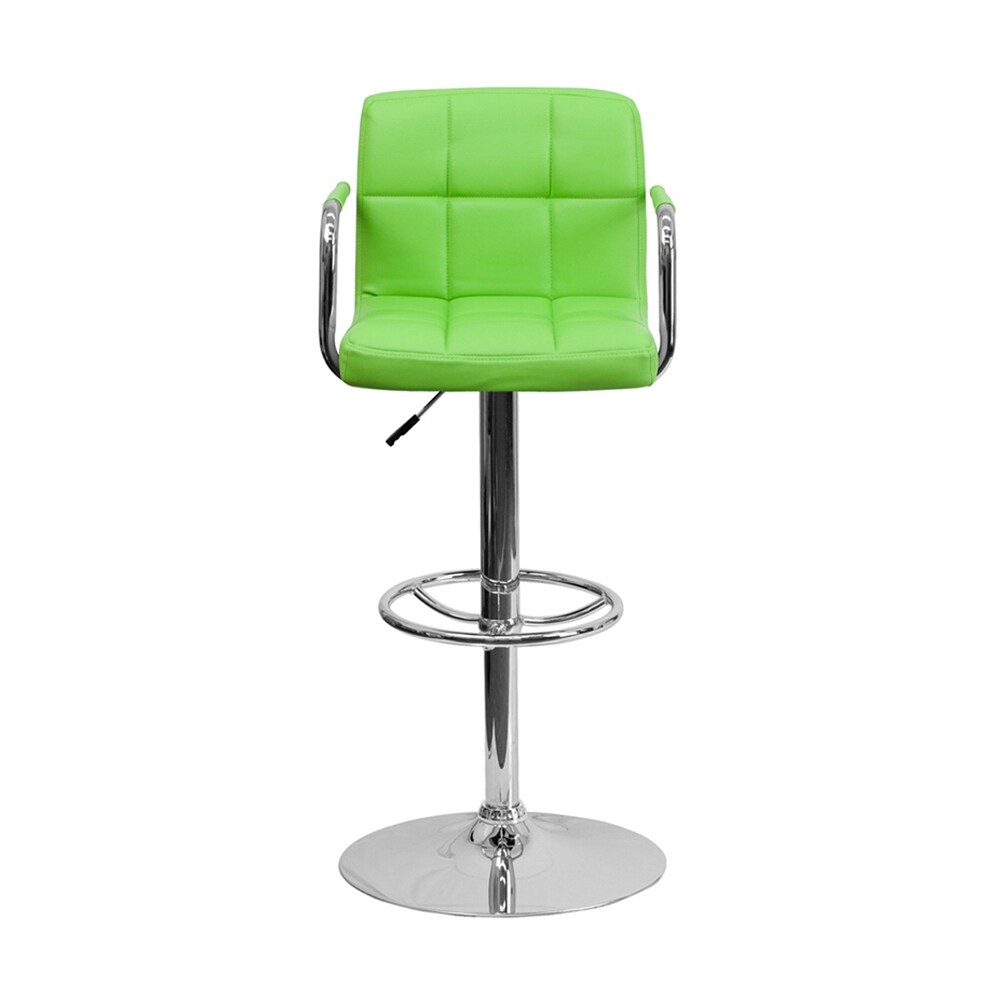 Offex Contemporary Green Quilted Vinyl Adjustable Height Bar Stool With Arms And Chrome Base