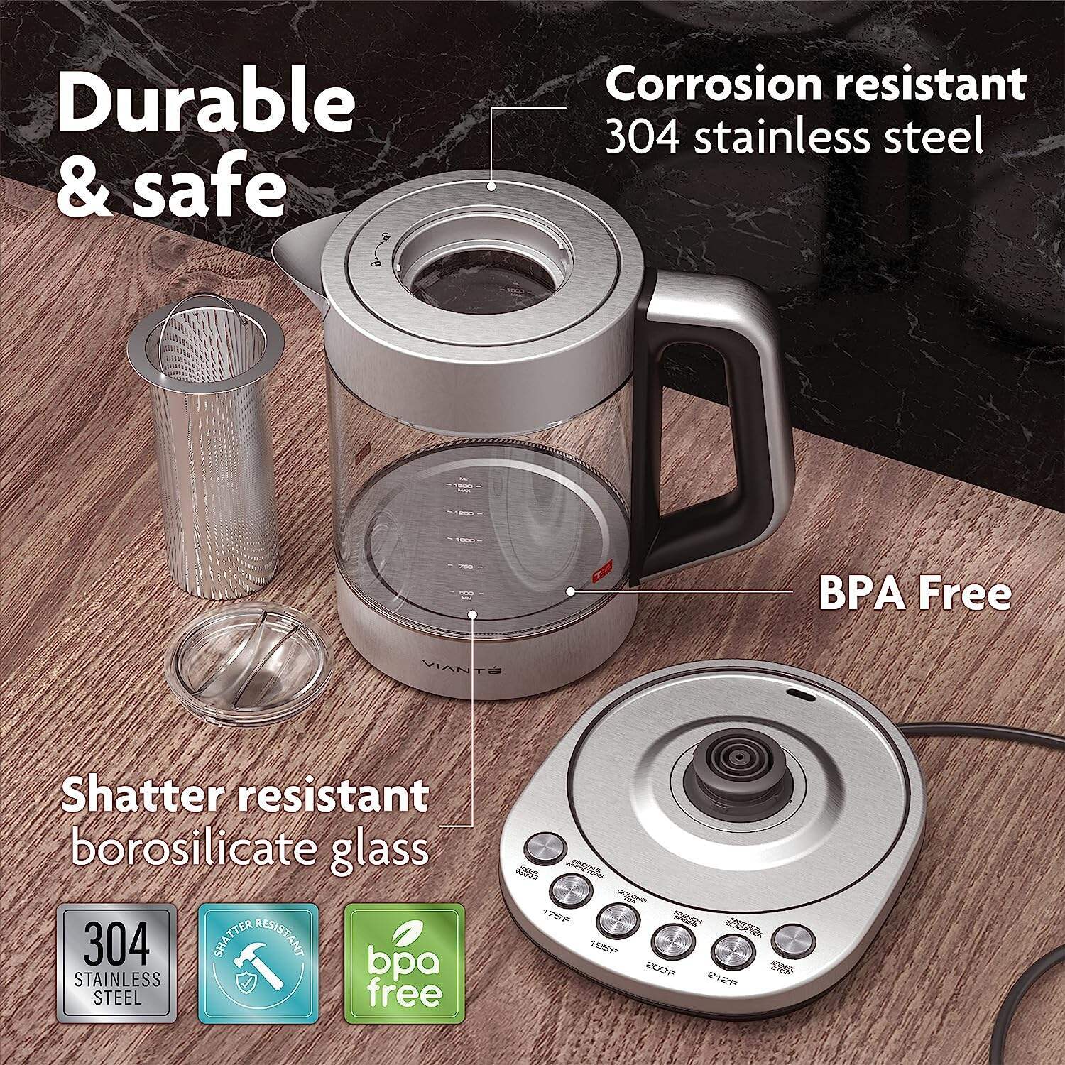 Vianté Hot Tea Maker Electric Glass Kettle with tea infuser and temperature control. Automatic Shut off. Brewing Programs for your favorite teas and Coffee.