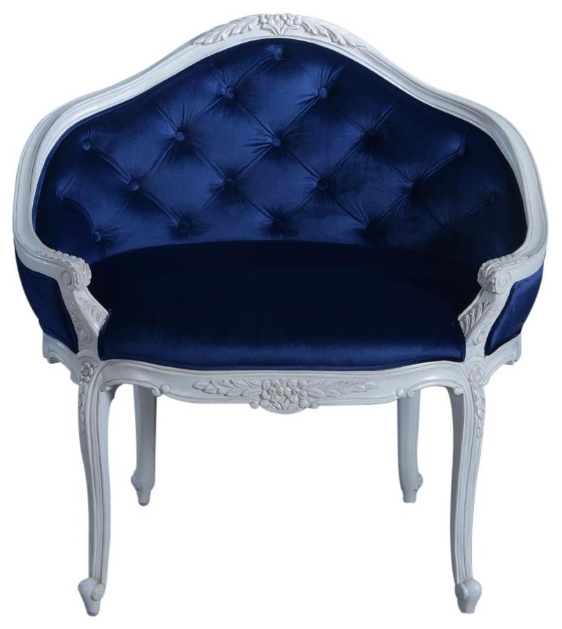 Settee Caroline Hand Carved Wood Venetian White Tufted Blue Velvet   Victorian   Armchairs And Accent Chairs   by EuroLuxHome  Houzz