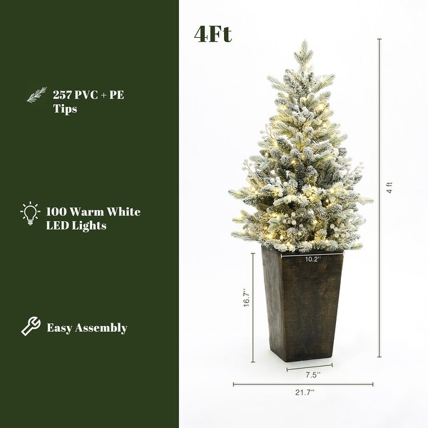 4Ft PreLit Snow Flocked Artificial Christmas Tree in Tall Fiber Stone Pot