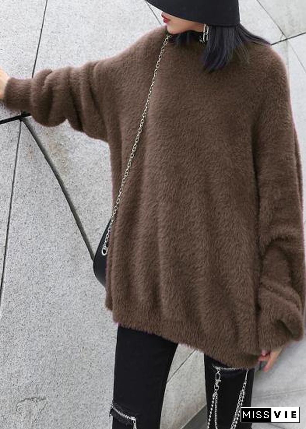 Comfy chocolate knit sweat tops trendy plus size o neck baggy clothes