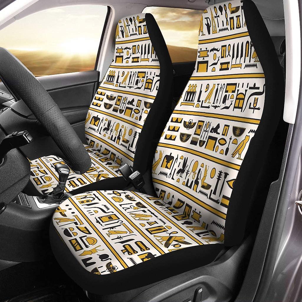 Set Of 2 Car Seat Covers Egyptian Hieroglyphs Yellow Black Color Horizontal Universal Auto Front Seats Protector Fits