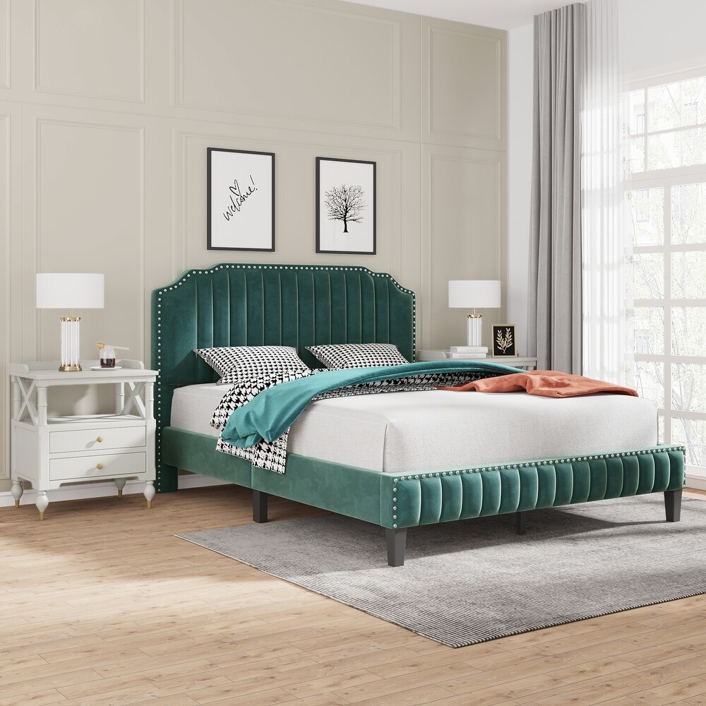 3 Pieces Bedroom Set w/ Nailhead Trim King Velvet Platform Bed  Green