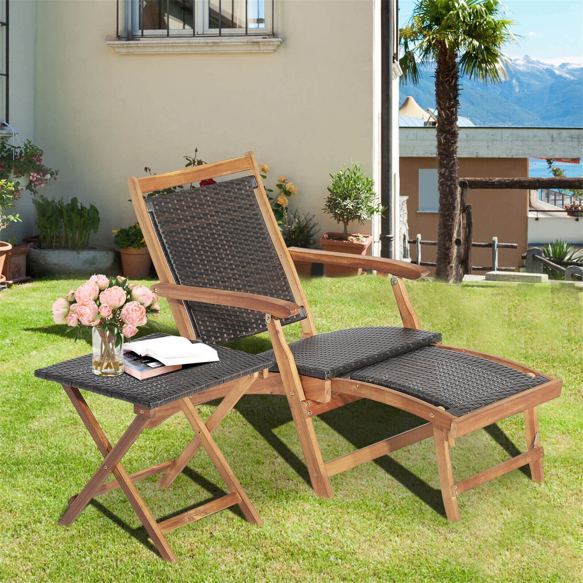 2-Piece Patio Rattan Folding Lounge Chair with Acacia Wood Table