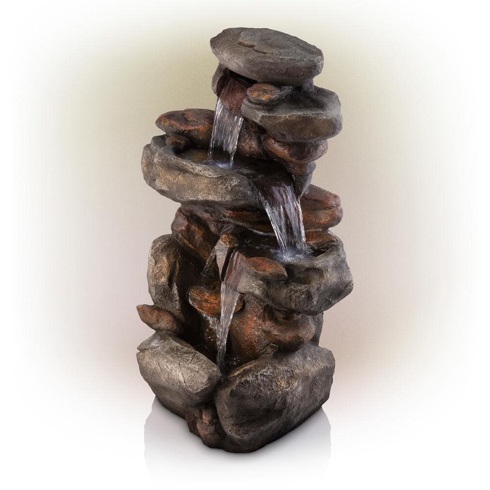 Alpine Corporation 40 in. Tall Outdoor 4-Tier Rock Water Fountain with LED Lights WIN316