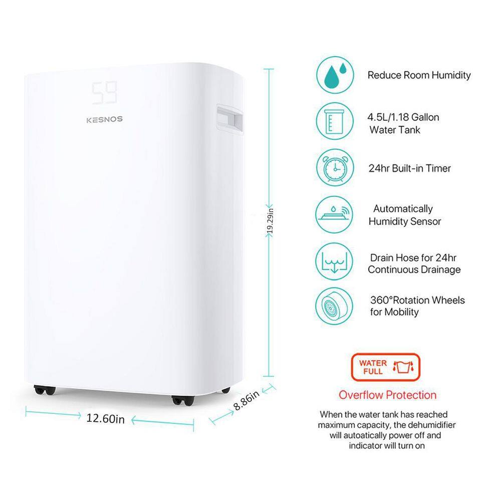 Kesnos 50 Pint Capacity Home Multifunction Dehumidifier With Bucket For 4500 Sq. Ft. Home Or Bedroom HDCX-PD08A