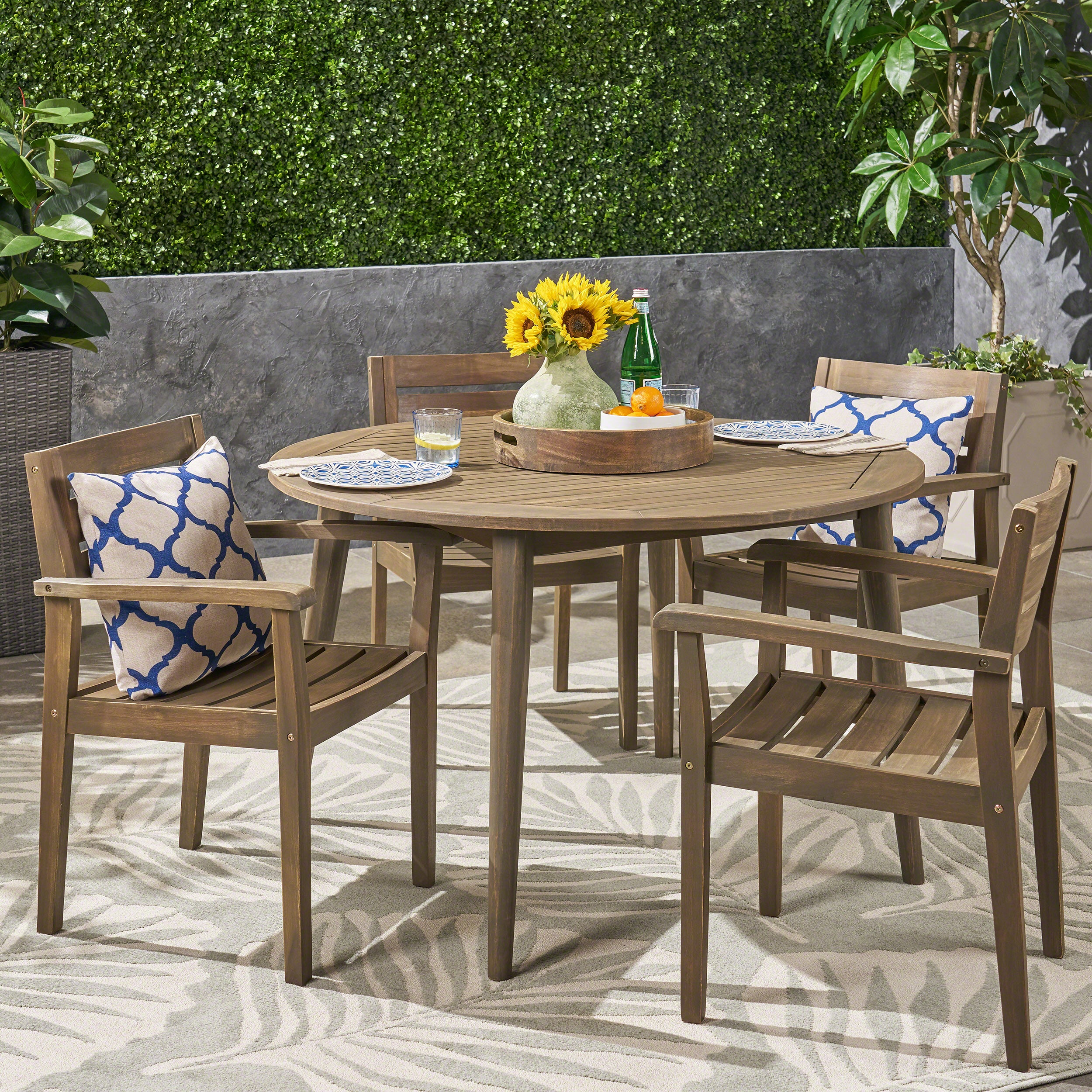 Zack Outdoor 5 Piece Acacia Wood Dining Set with Straight Legged Dining Table, Gray Finish