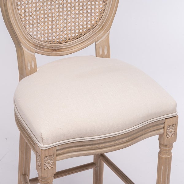 French Wooden Upholstered Barstools With Rattan Back ， Set of 2