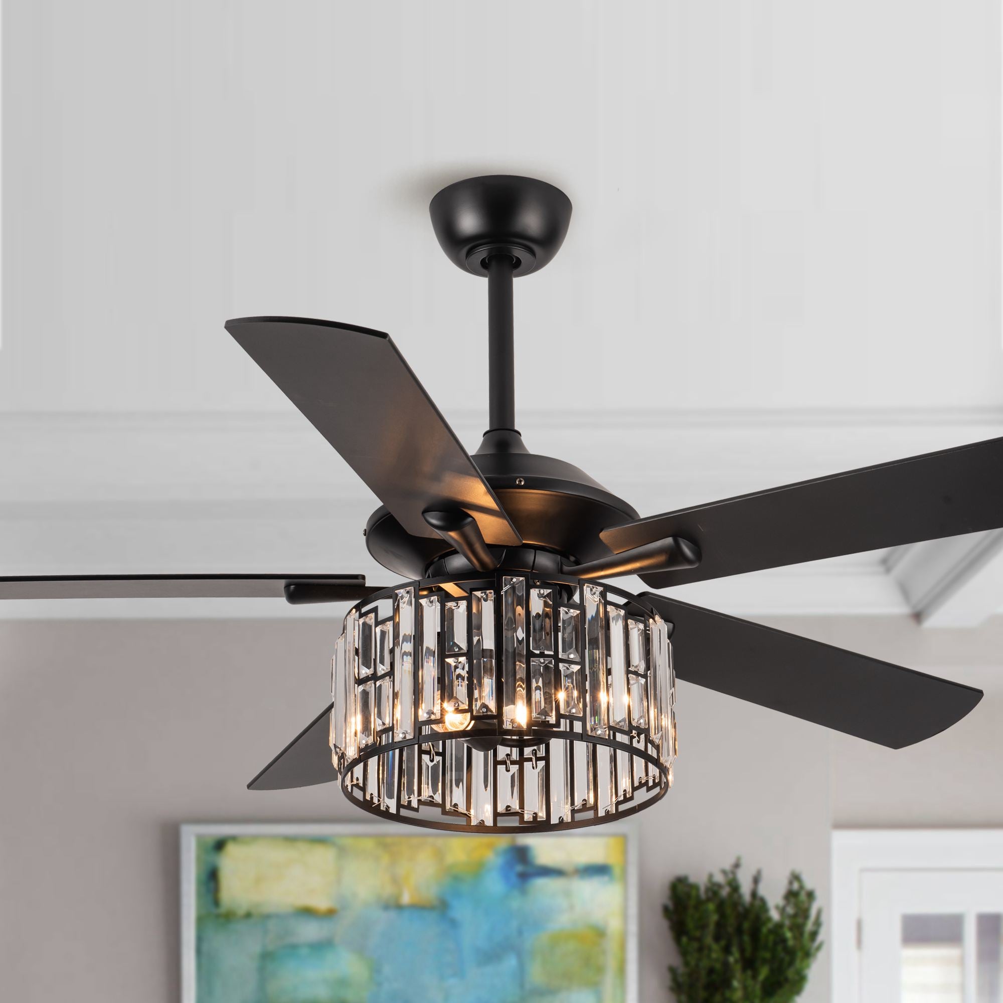 Ceiling Fan with Crystal Light Ceiling Fan with Remote Control 5 Reversible Blades 52 inch， Black