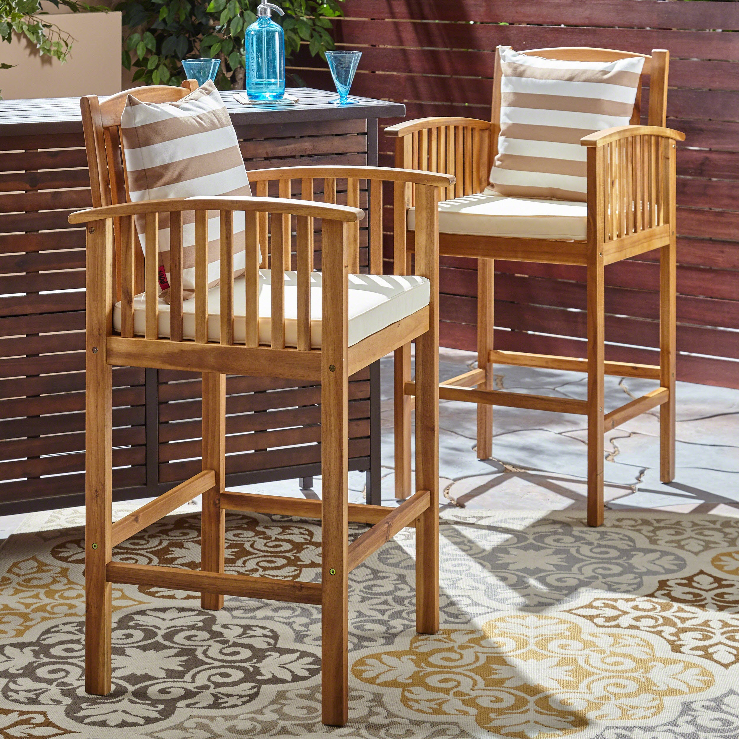 Grace Outdoor Acacia Barstools, Gray Finish and Dark (Set of 2)