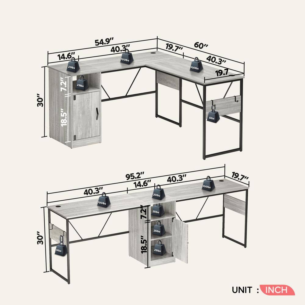 Bestier 60 in. L shaped Wash White Wood Desk with Cabinet and Hooks D385R-WHTW