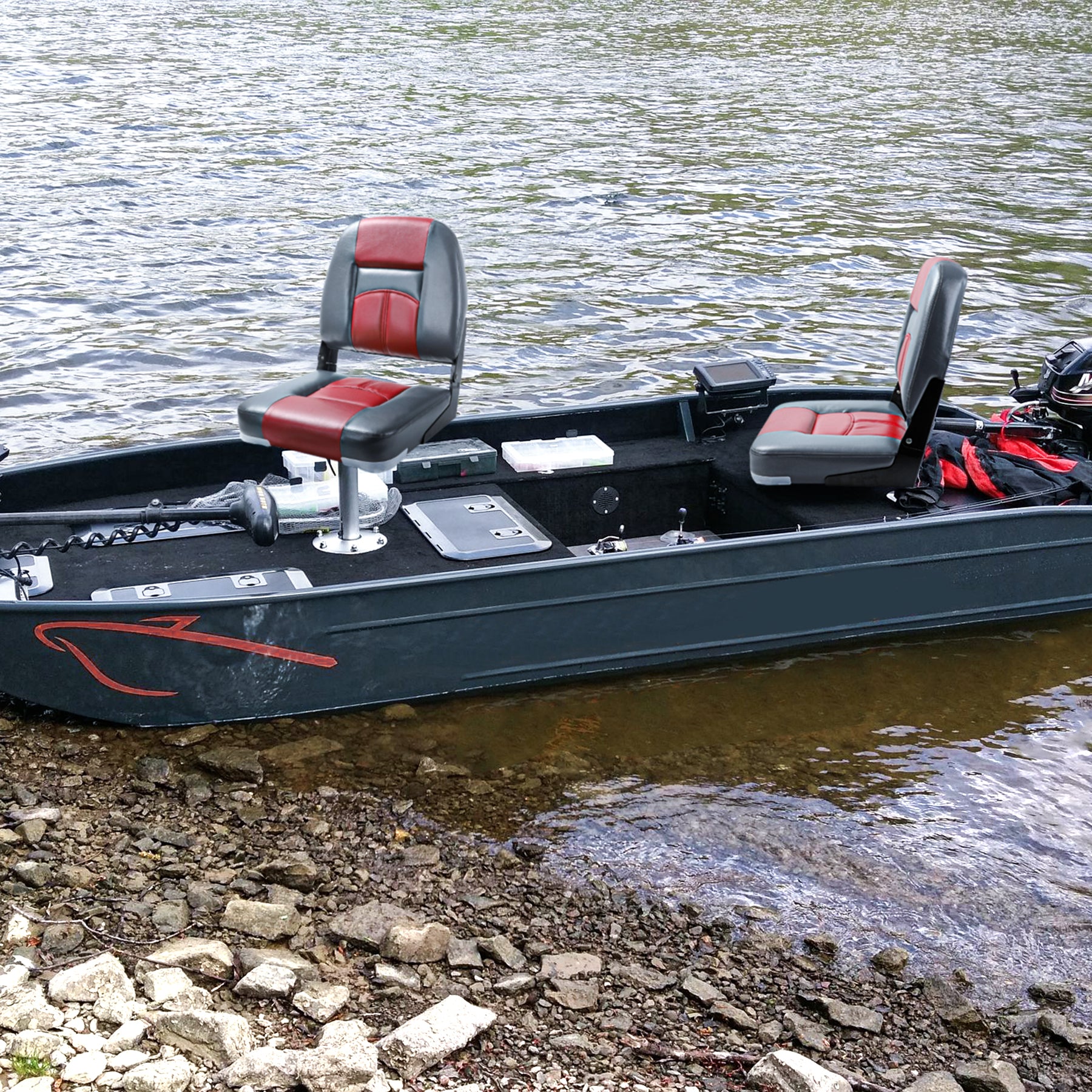 NORTHCAPTAIN Deluxe Charcoal/Wine Red Low Back Folding Boat Seat， 2 Seats