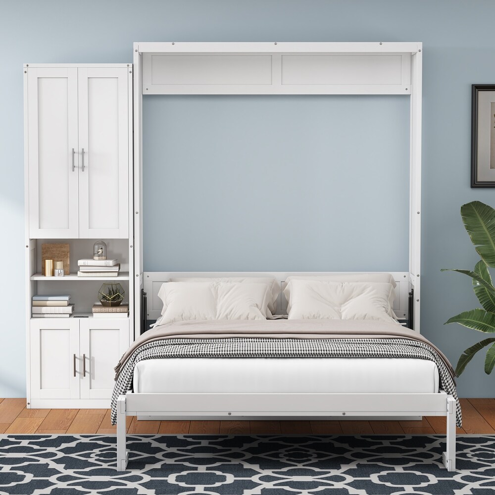 White Queen Folding Wall Bed Folding Platform Bed with 1 Cabinet Storage   Save Space Murphy Bed Desk Combo Chest Cabinet Bed