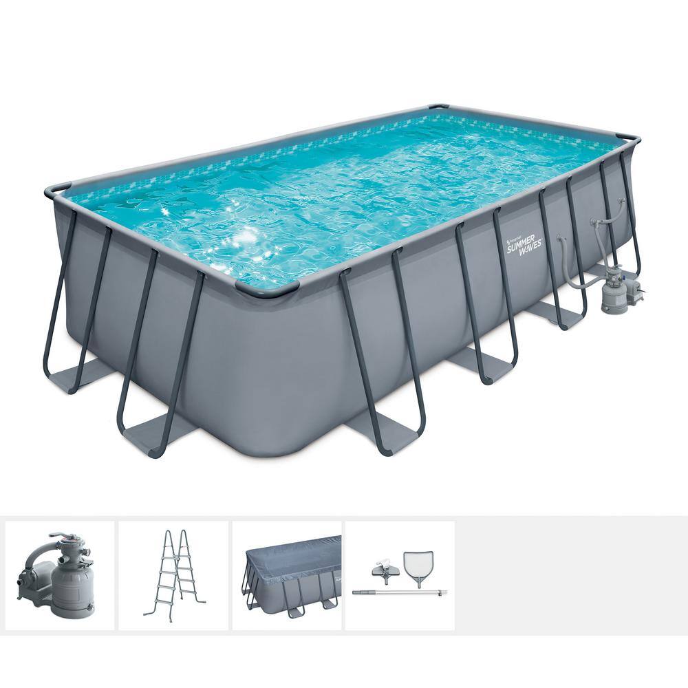 Summer Waves Elite 18 ft. x 9 ft. Rectangular x 52 in. Deep Metal Frame Pool Package with Sand Filter Pump System P4180952G