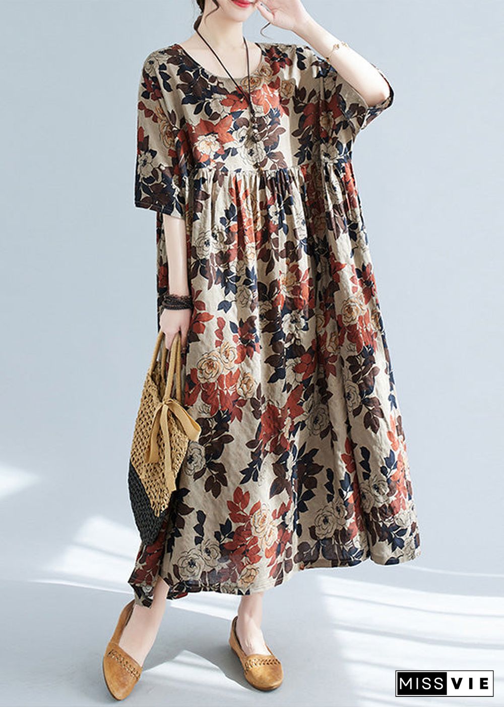 Elegant O-Neck Print Patchwork Long Dresses Short Sleeve