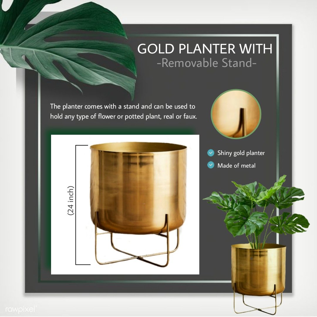 Serene Spaces Living Wide Gold Planter with Detachable Metal Stand, Decorative Indoor Planter Pot, Flower Pots Stand for Living Room, Kitchen, Office, Measures 24" Tall and 14" Diameter