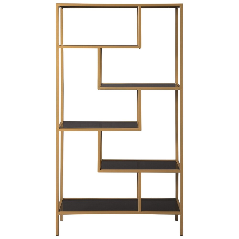 Metal Frame Bookcase with 5 Tiered Display Glass Shelves  Gold and Black   70 H x 12 W x 36 L