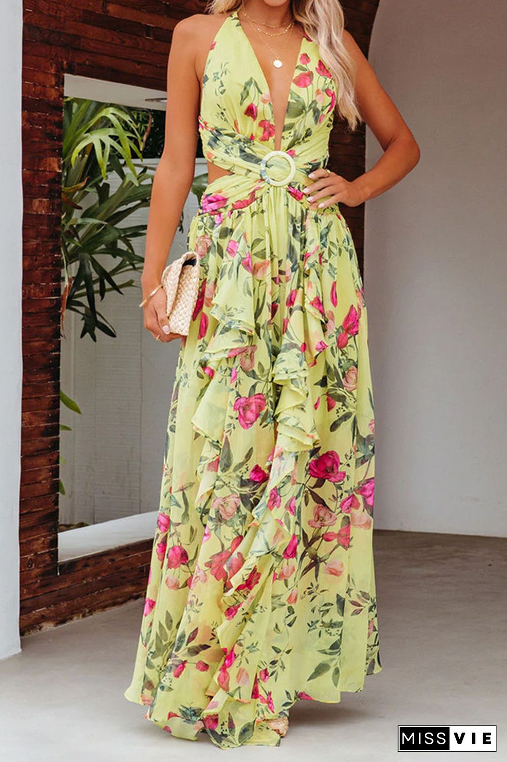 Yellow Floral Print Halter Wrapped Maxi Dress