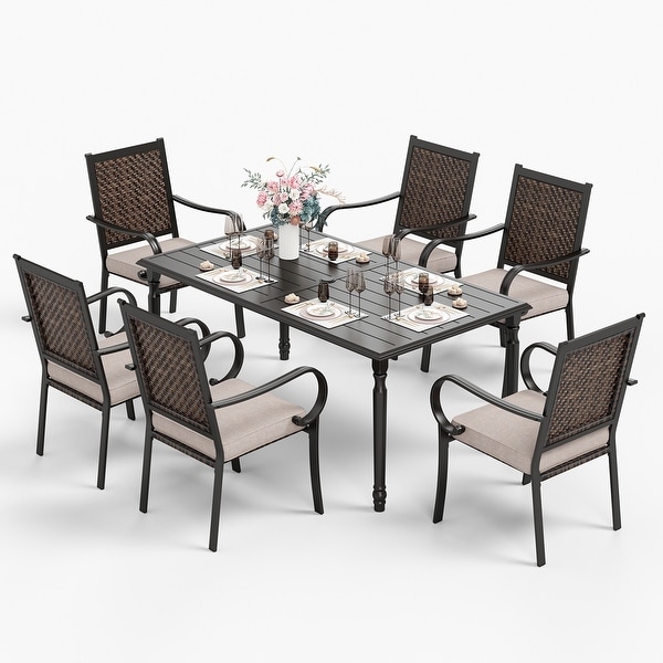 MAISON ARTS 7piece Patio Dining Set With 1 Metal Table and 6 Rattan Chairs