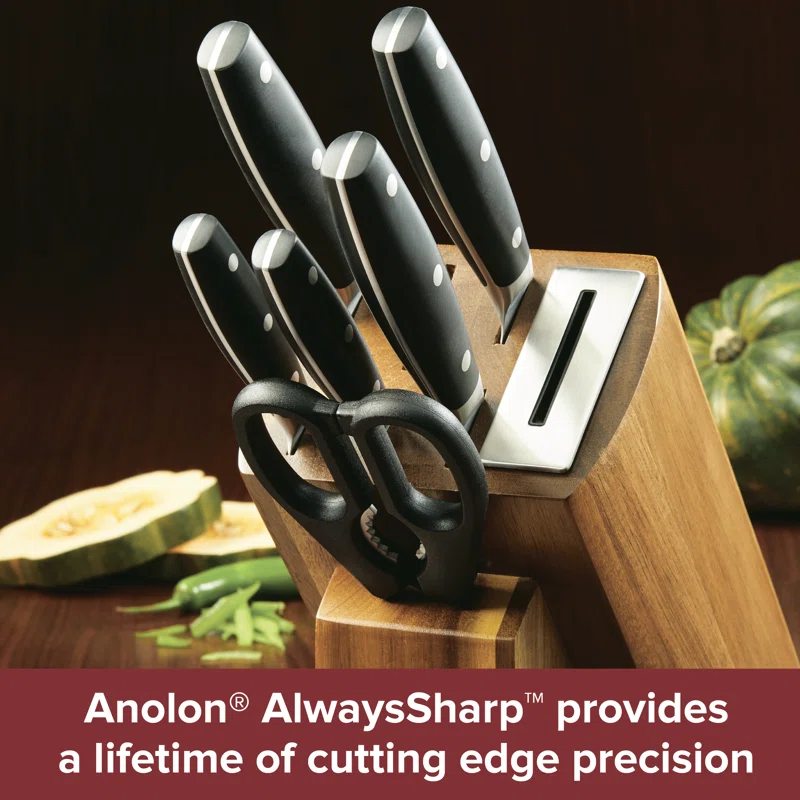 Anolon 47995 AlwaysSharp Japanese Steel Knife Block Set with Built-In Sharpener， 8 Piece