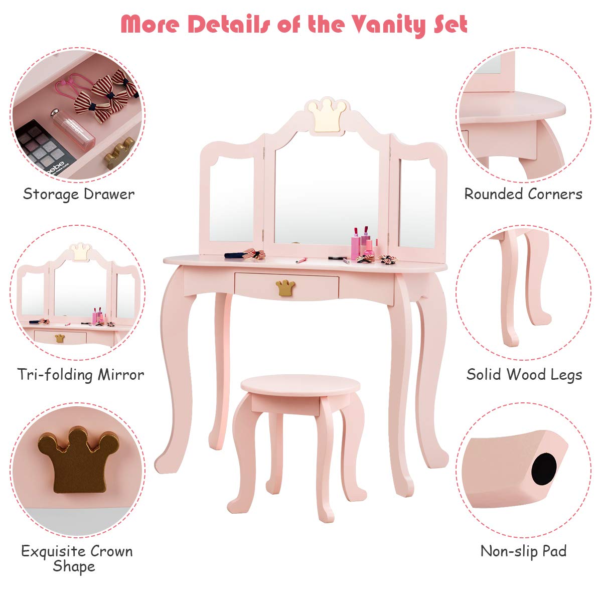 Costzon Kids Vanity Table and Chair Set,2 in 1 Vanity Set with Detachable Top, Pretend Beauty Play Vanity Set for Girls