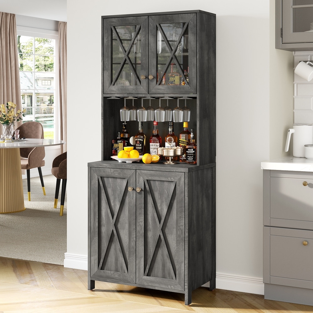 Farmhouse Bar Cabinet for Liquor and Glasses for Dining Room Kitchen Cabinet with Wine Rack