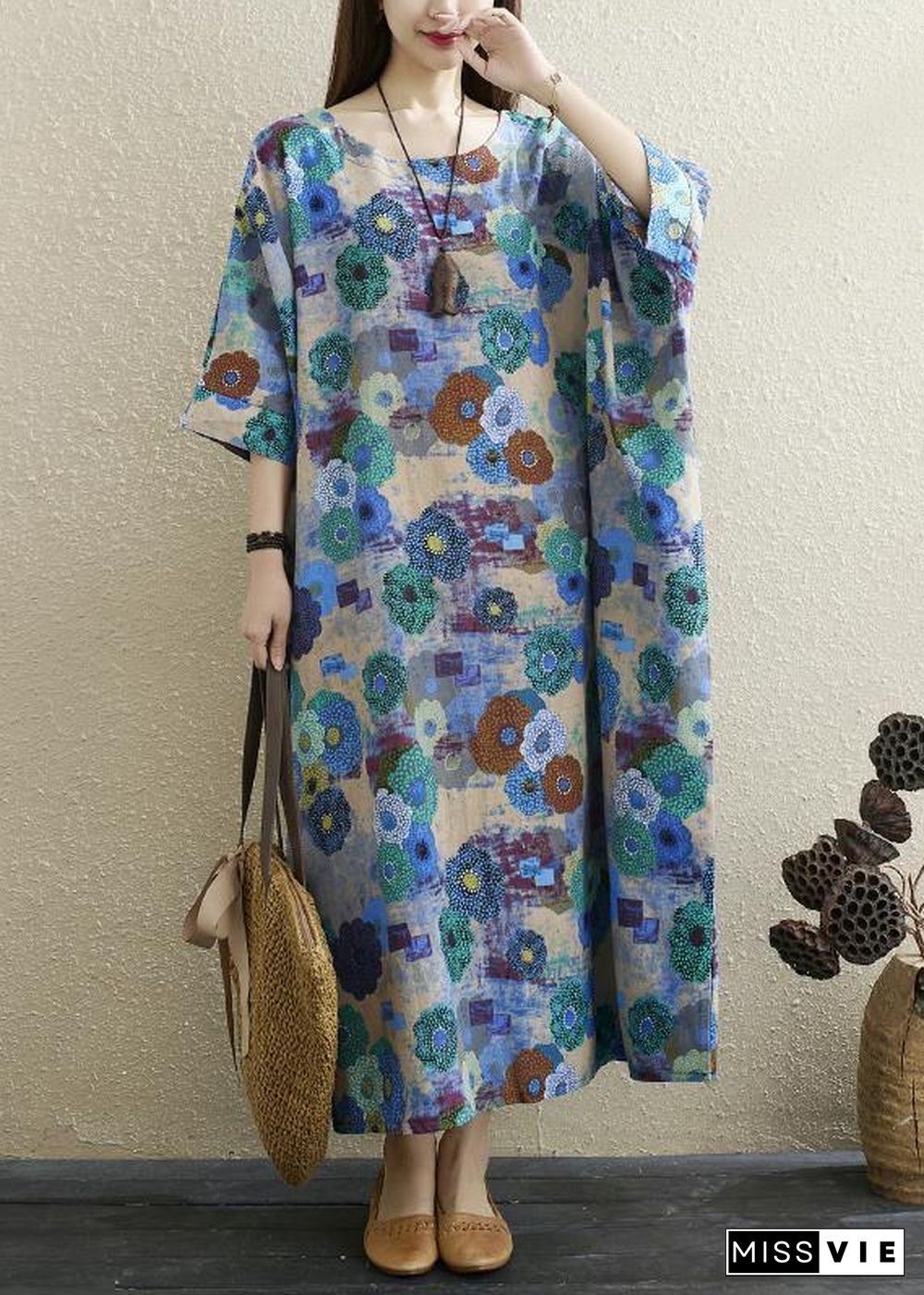 Boutique Print Batwing Sleeve Pocket Summer Cotton Dress