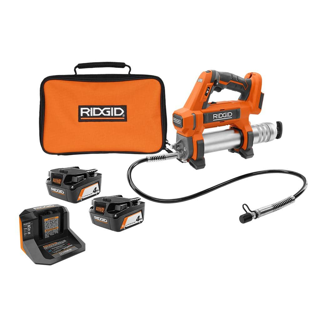 RIDGID 18V Cordless Grease Gun with (2) 4.0 Ah Batteries, 18V Charger, and Bag R860445B-AC93044SBN