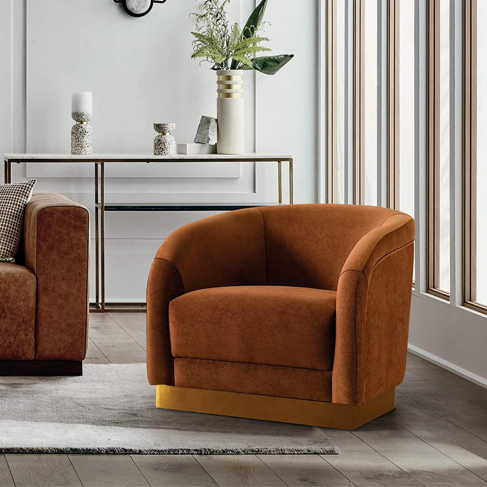 Contemporary Accent Chair  Metal Base With Velvet Curved Padded Seat  Tangerine   Contemporary   Armchairs And Accent Chairs   by Declusia  Houzz