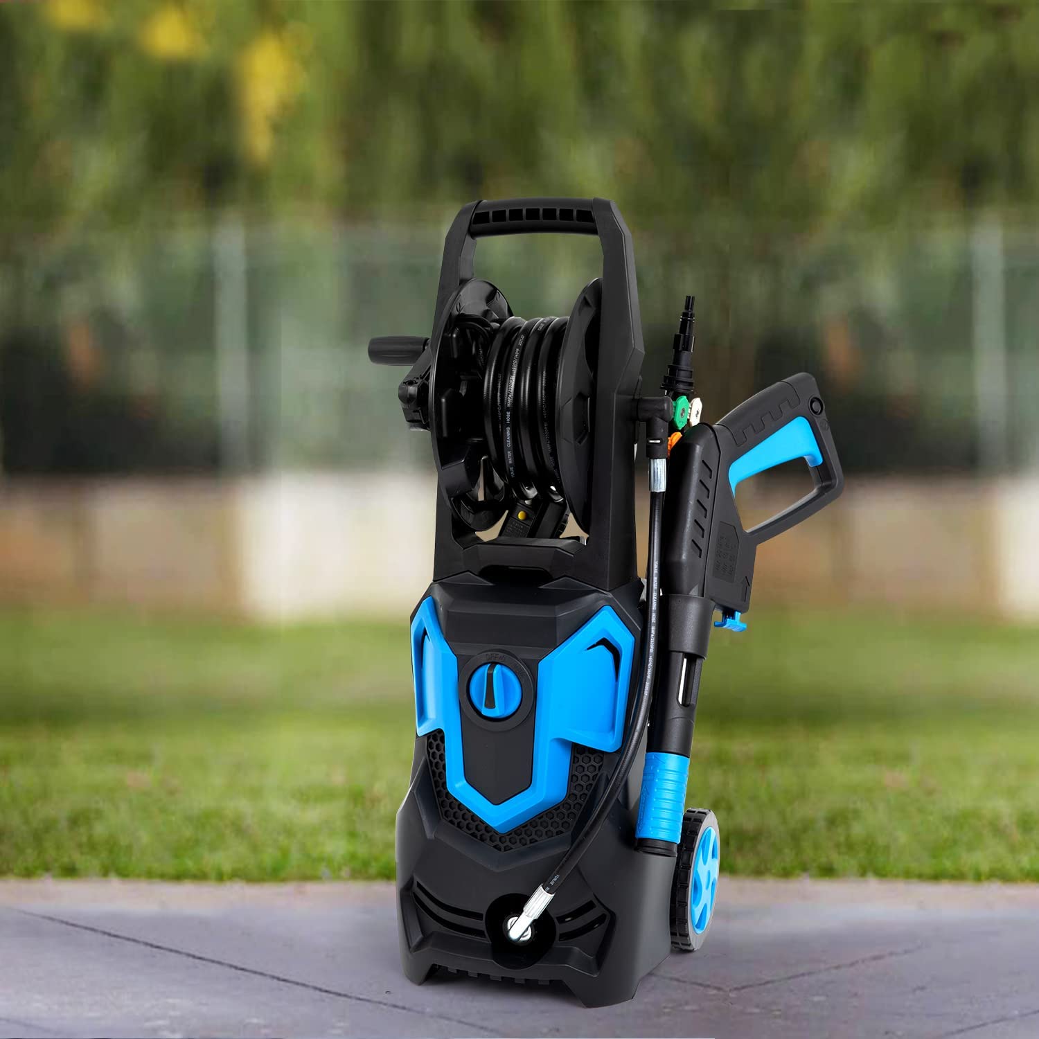 FDW Pressure Washer 1958PSI 1.85Gpm Max Power Washer 1650W IPX5 Electric Pressure Washer with Adjustable Nozzle Foam Cannon, Blue Wheels