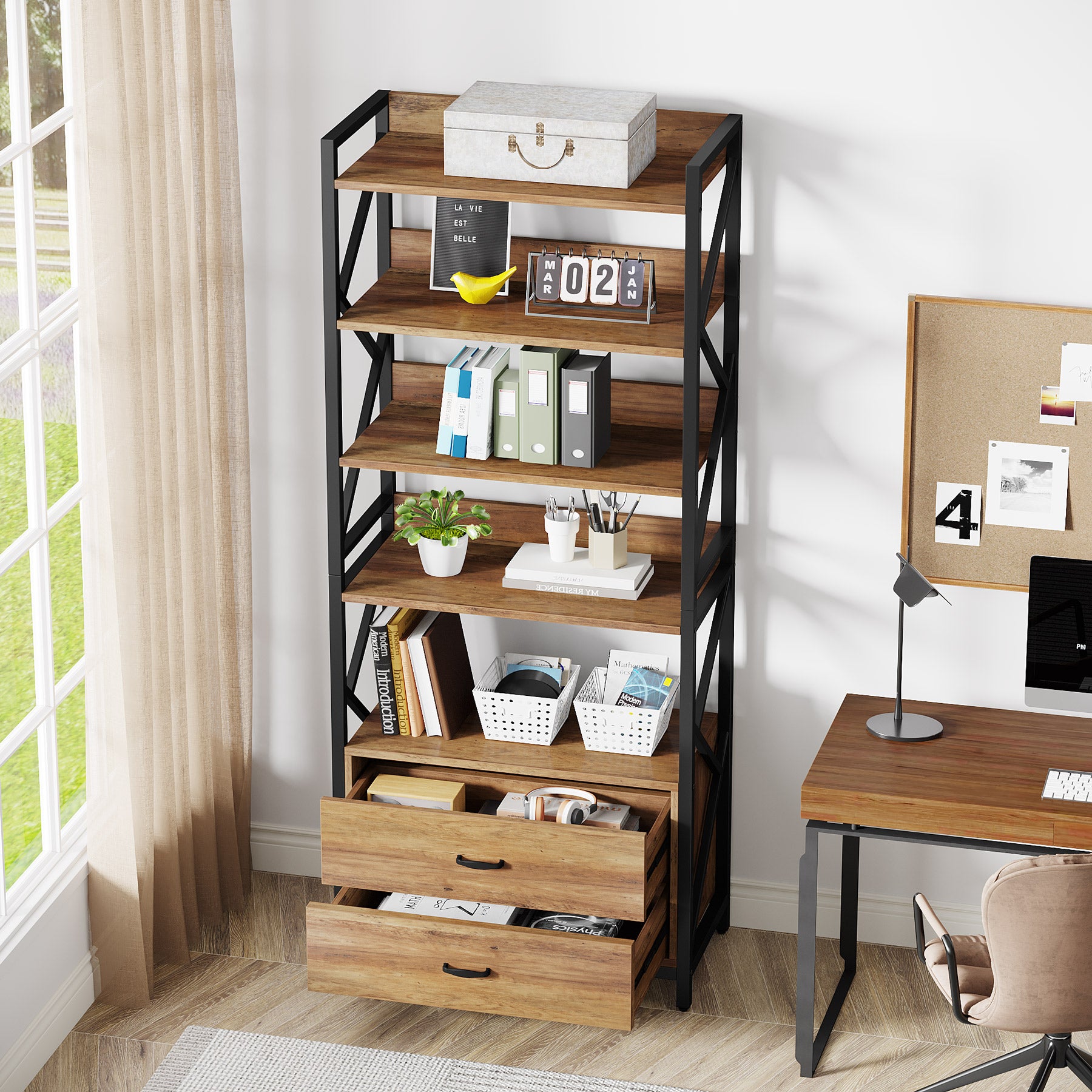 70.86 Bookshelf, Industrial 5-Tier Bookcase with 2 Drawers