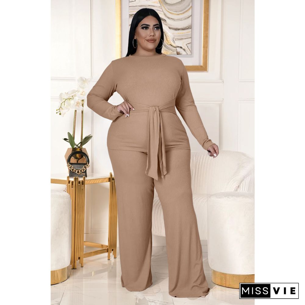 Knitted Bandage T Shirt Wide Leg Pants Plus Size Set