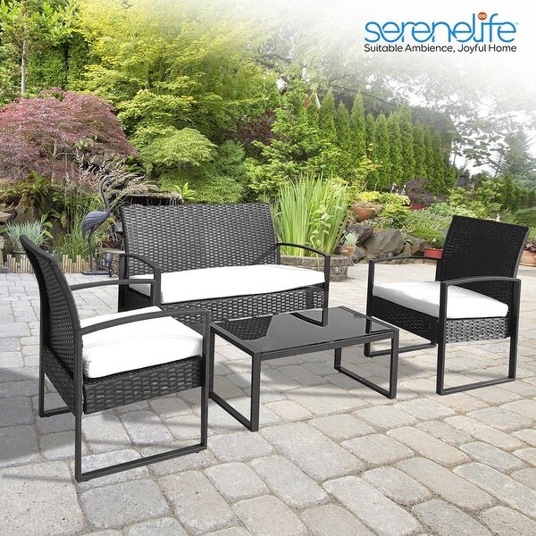 4 Pcs. Patio Outdoor Rattan Furniture Set-1 Double 2 Single Chairs， and 1 Table (Black) - Overstock - 37952154