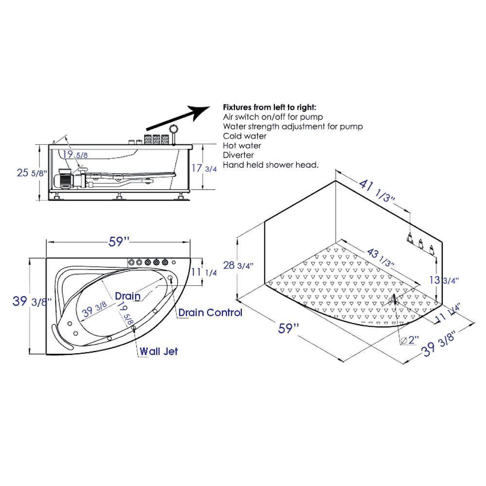 EAGO 59 in. Acrylic Right Drain Corner Apron Front Whirlpool Bathtub in White AM161-R