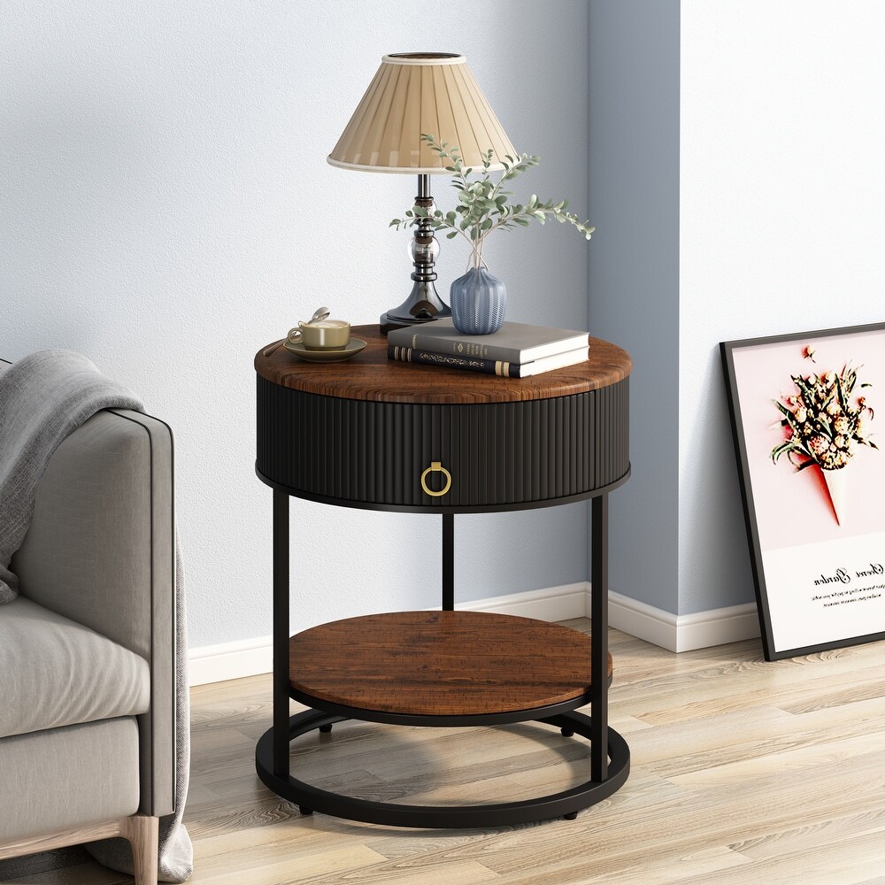 Myhozm Round End Table with Storage  Modern Bedside Furniture for Bedroom  Living Room