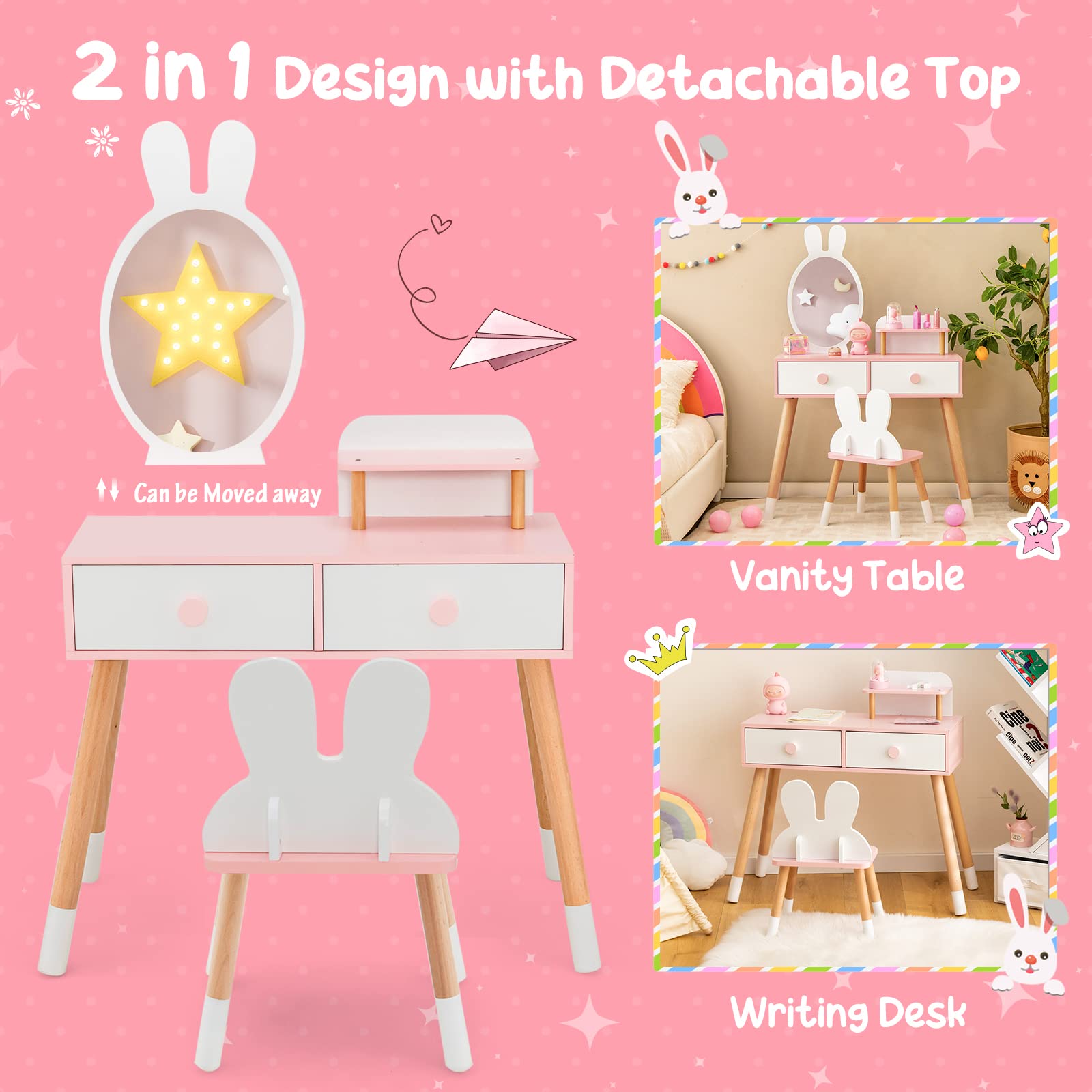 Costzon Kids Vanity Set, Girls Vanity Set with Mirror and Stool, Pretend Play Vanity Table and Chair Set for Toddlers