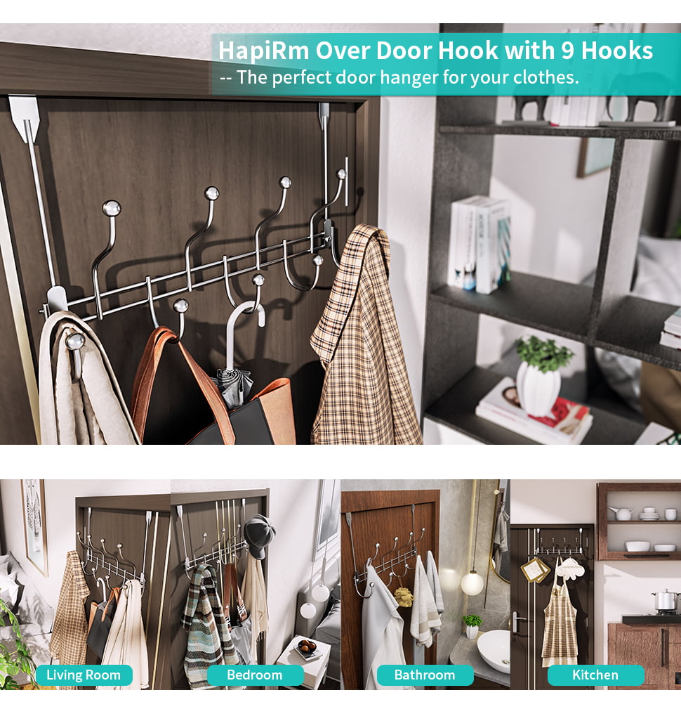 HapiRm Over Door Towel Rack Hook Hanger with 9 Hooks， Heavy-Duty Hook Coat Rack with High Bearing Capacity for Hanging Clothes， Coat， Bag， Robe， Heavy Jackets， Towel， Hat， Silver(15.4