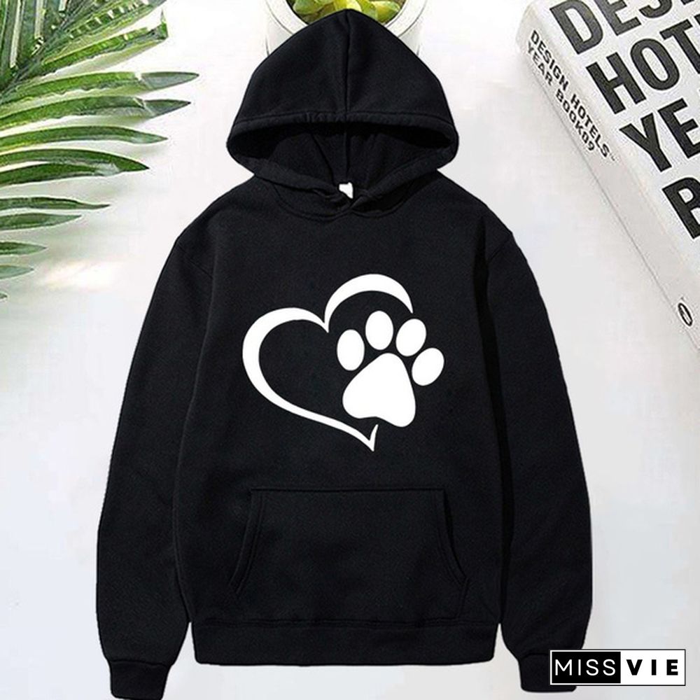 Cute Dog Paw and Heart Shape Print Hoodies Women Casual Long Sleeve Hoodies Autumn Winter Pullovers Plus Size