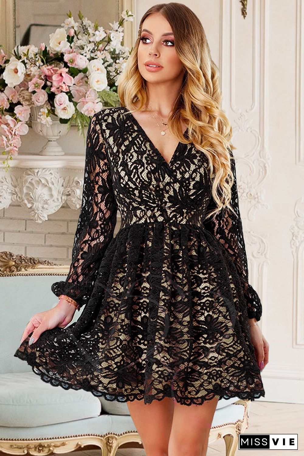 Black V Neck Lace Skater Mini Dress