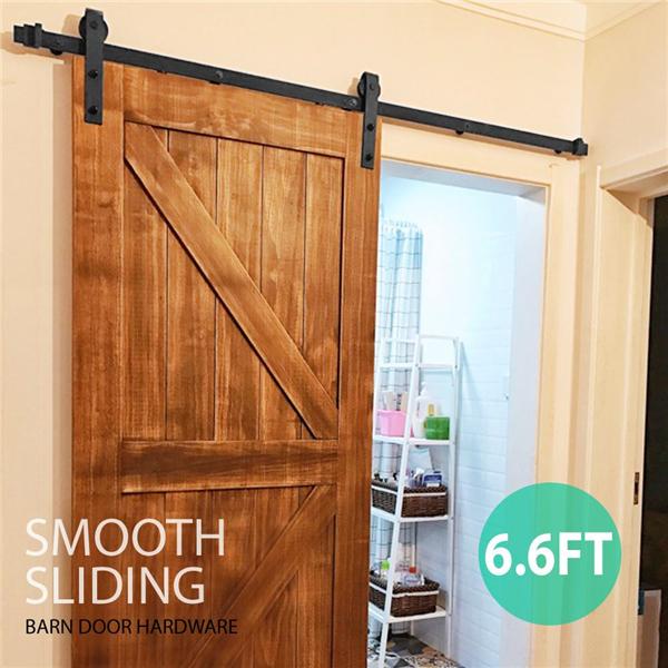 SmileMart Flat-tip Design Black Steel Single-door 6.6 ft Sliding Track Barn Door Hanging Hardware Kit， Set of Two Kits