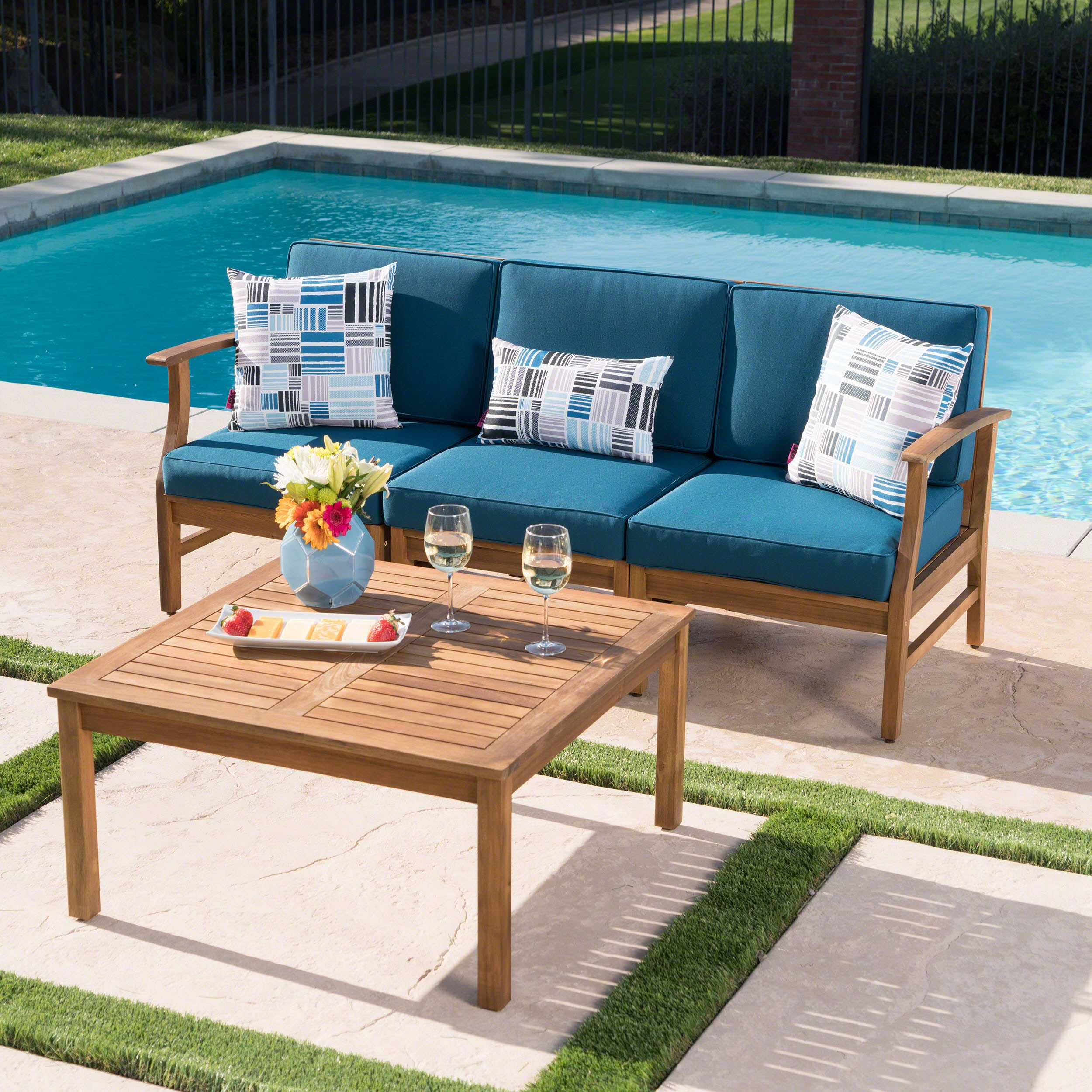 Scarlett Outdoor 3 Seat Teak Finished Acacia Wood Sofa and Table Set