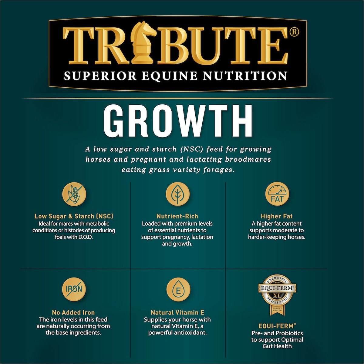 Tribute Equine Nutrition Growth Pellet Low-NSC， Molasses-Free Horse Feed