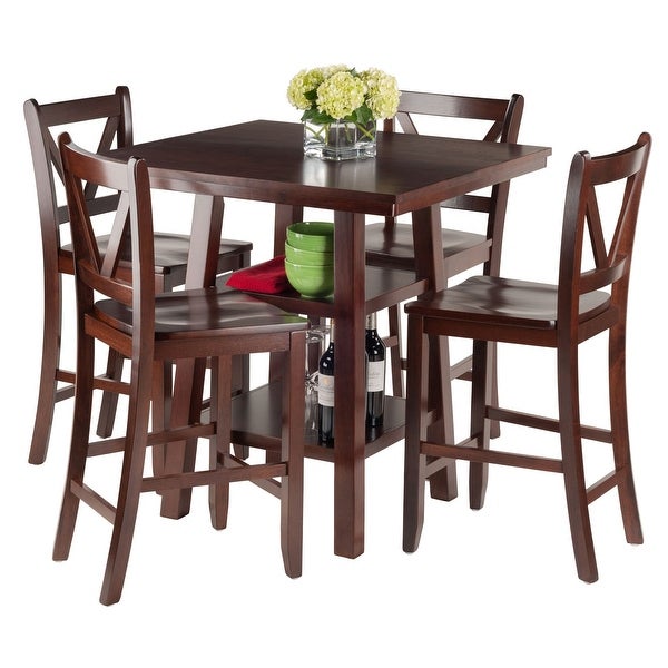 Wood Orlando 5-Pc Set High Table， 2 Shelves and 4 V-Back Counter Stools， Walnut Finish