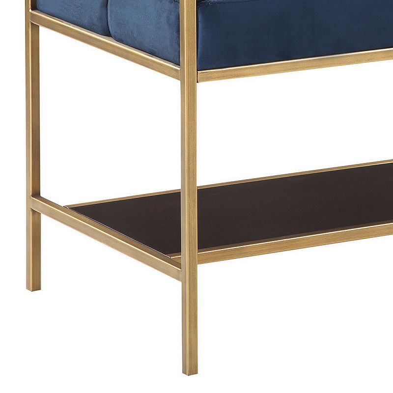 Metal Bench with Fabric Upholstered Plump Seats， Gold and Blue