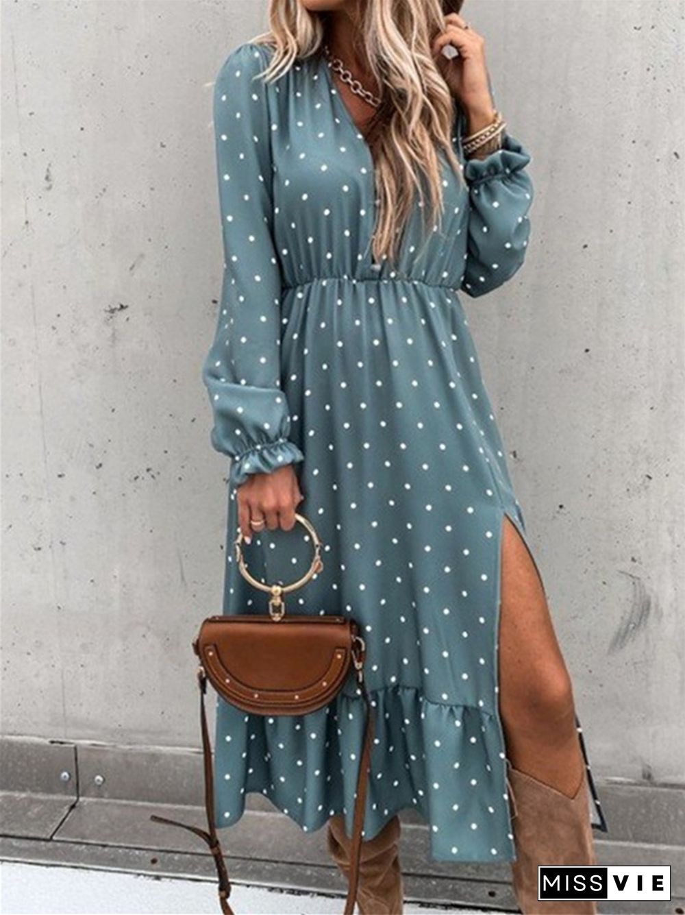 V-neck Polka-dot Print Long-sleeved Dress