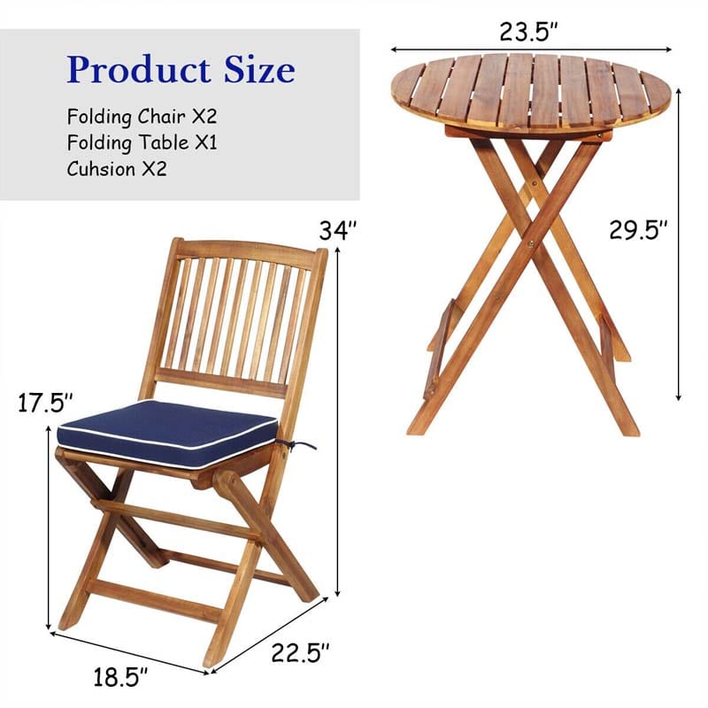 3 Pcs Acacia Wood Patio Folding Bistro Set Outdoor Chair Table Set with Padded Cushion & Round Coffee Table